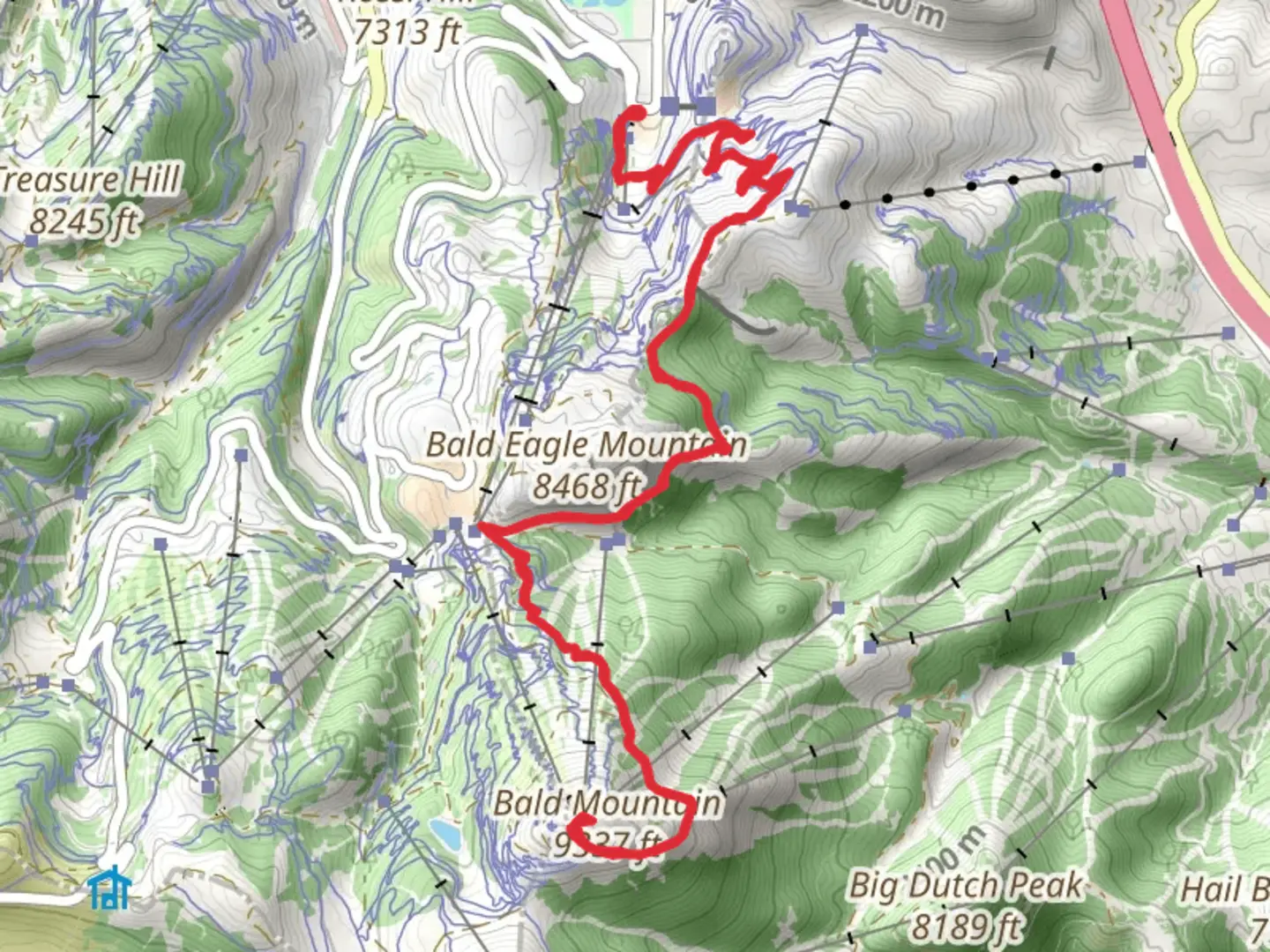 An image depicting the trail Bald Eagle Mountain via Deer Crest and Silver Lake Loop and its surrounding area.
