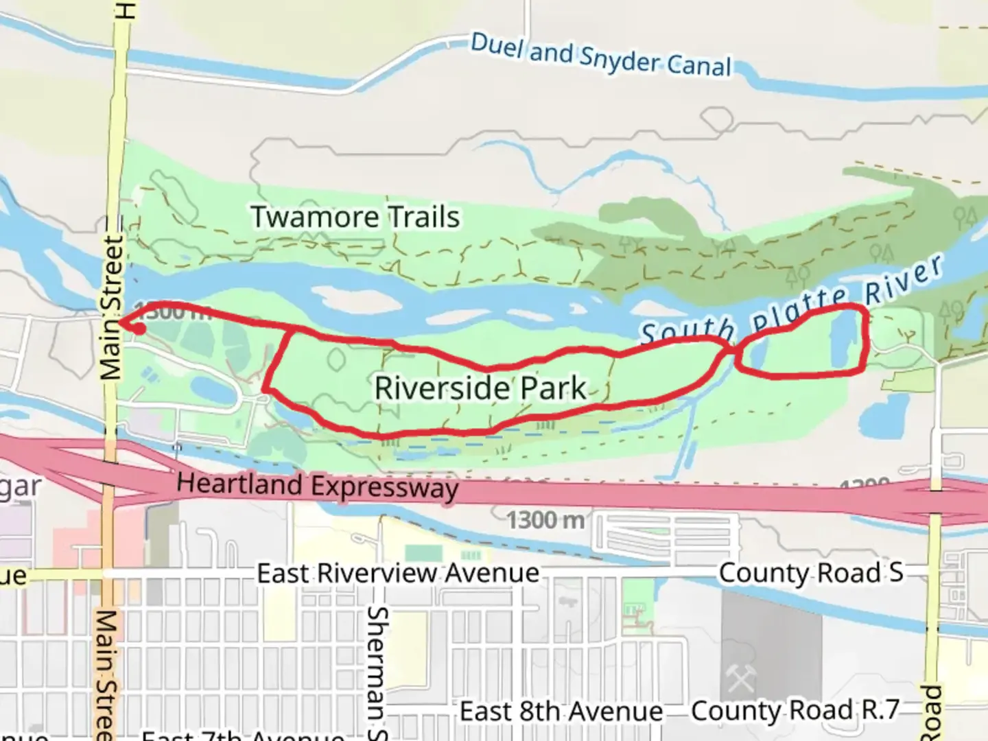 An image depicting the trail Riverside Park Loop and its surrounding area.