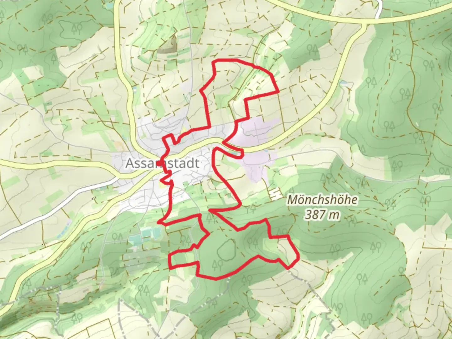 An image depicting the trail Assamstadt Loop and its surrounding area.