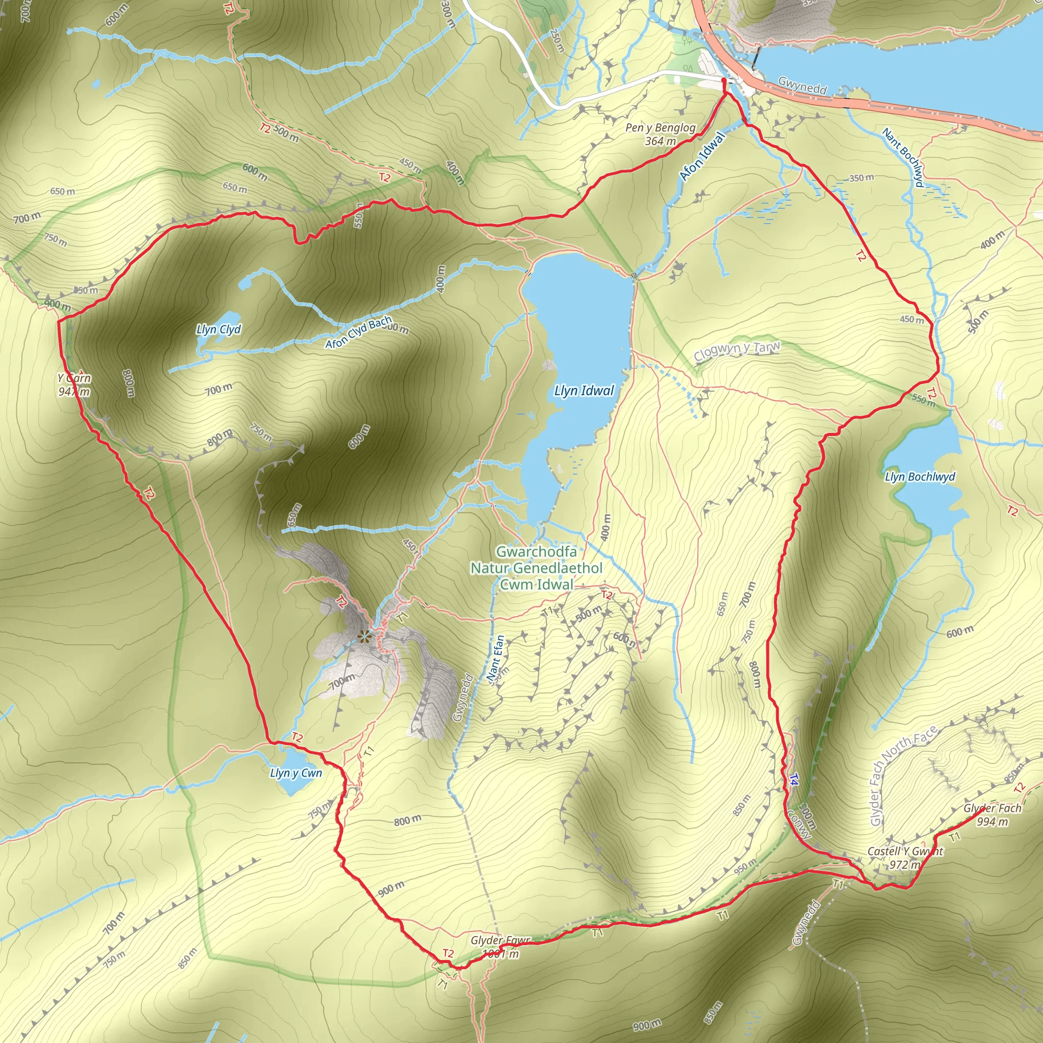 Y Garn and The Glyders via Y Gribin Ridge mobile static map