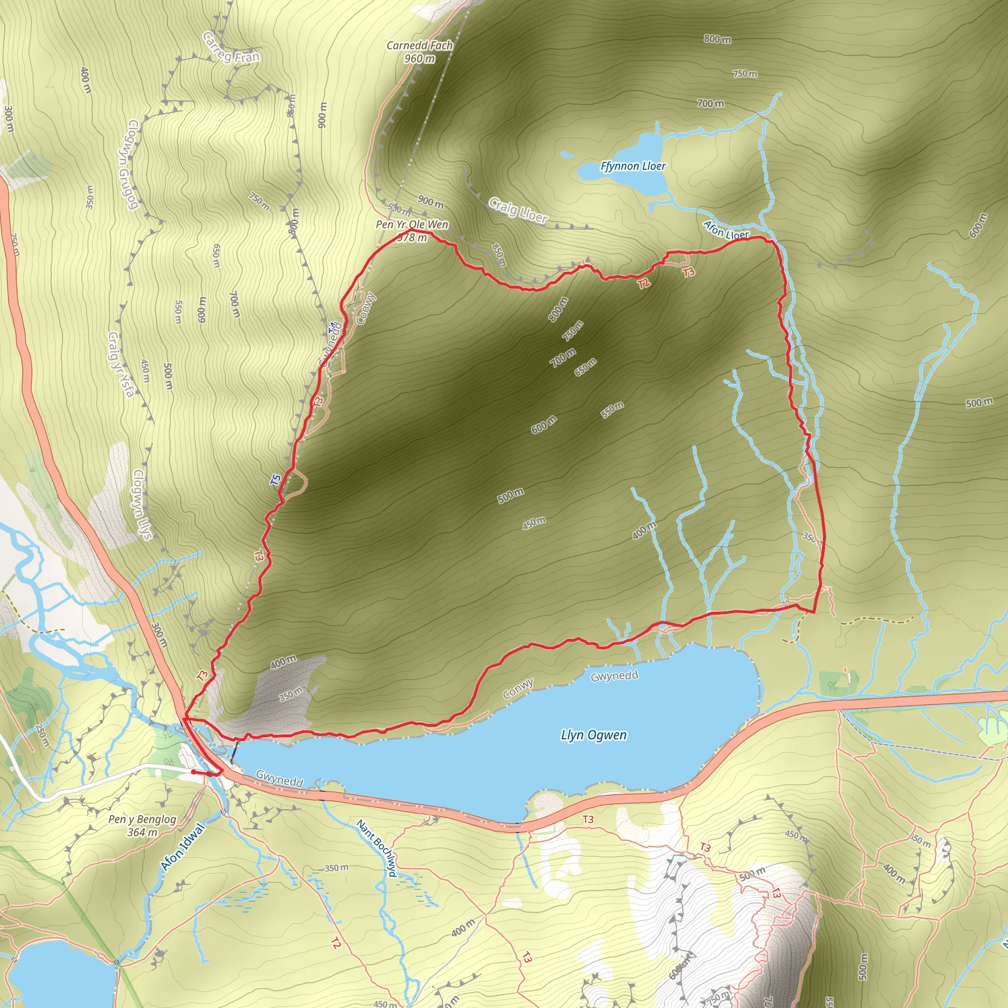 Pen yr Ole Wen from the Ogwen Valley mobile static map