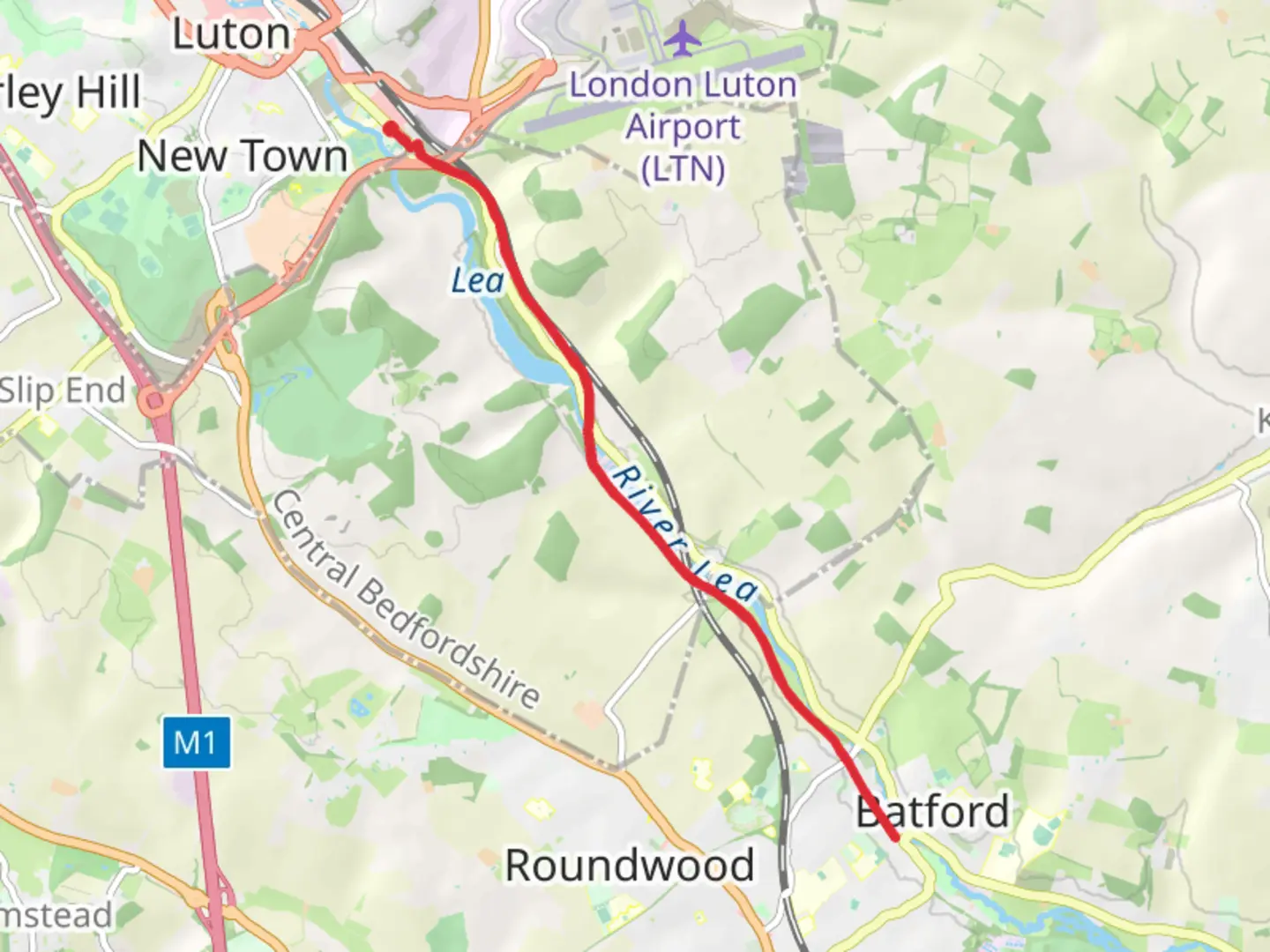 An image depicting the trail Harpenden - Luton Greenway from Luton Airport Parkway and its surrounding area.