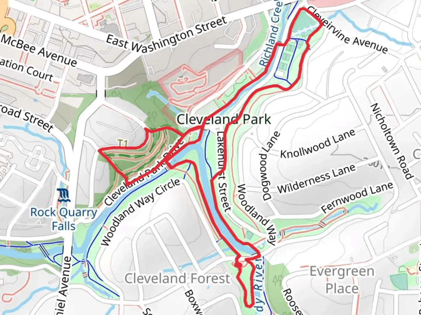 An image depicting the trail Cleveland Park Loop via Troop 19 Trail and Swamp Rabbit Trail and its surrounding area.