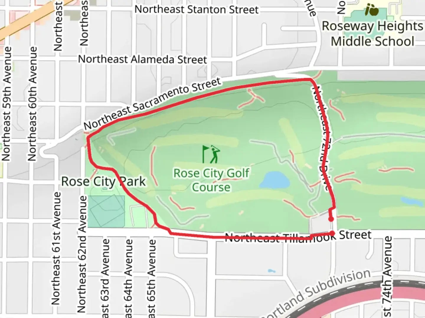 An image depicting the trail Rose City Park Loop and its surrounding area.