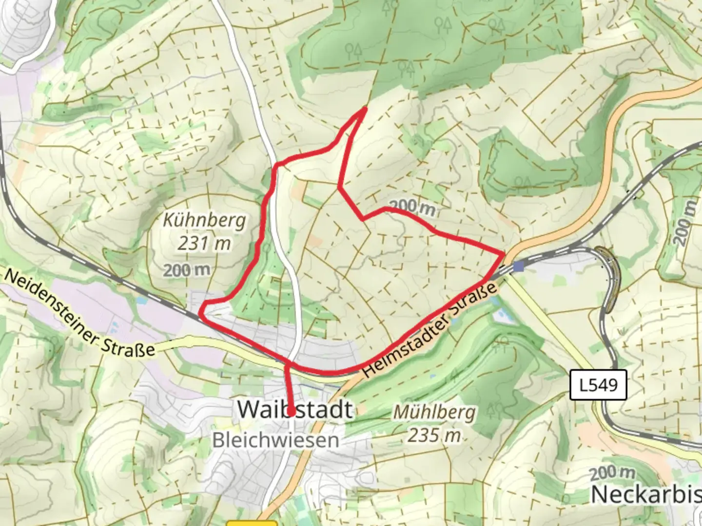 An image depicting the trail Rundwanderweg Waibstadt - Green Weg and its surrounding area.