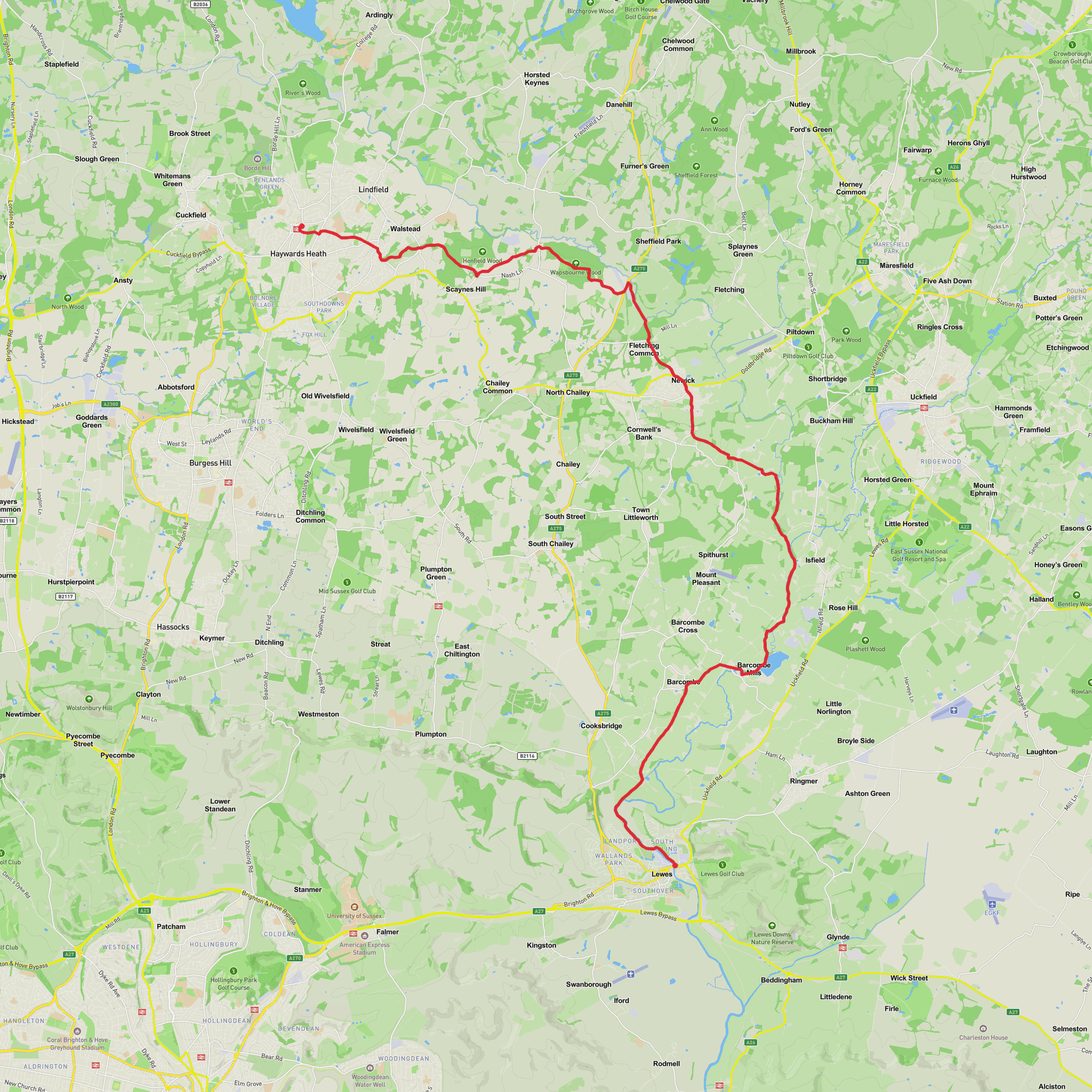 Lewes to Haywards Heath via Sussex Ouse Valley Way mobile static map