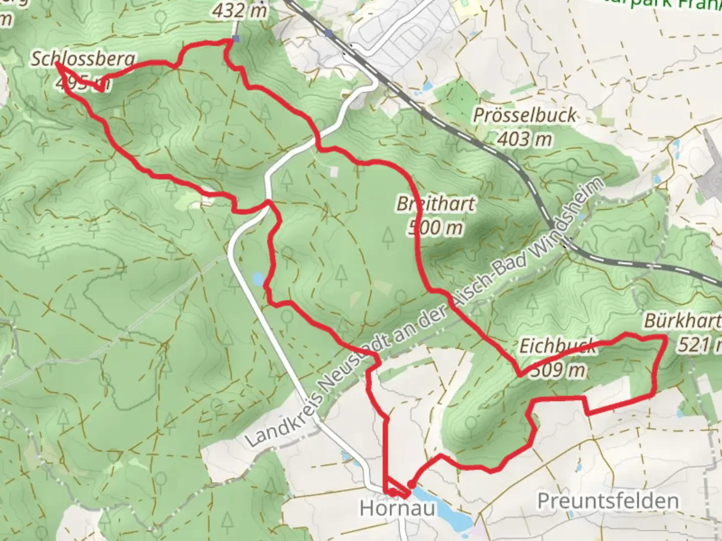 An image depicting the trail Eichbuck via Elsbeere, Bachstelze and Hirschkaefer and its surrounding area.