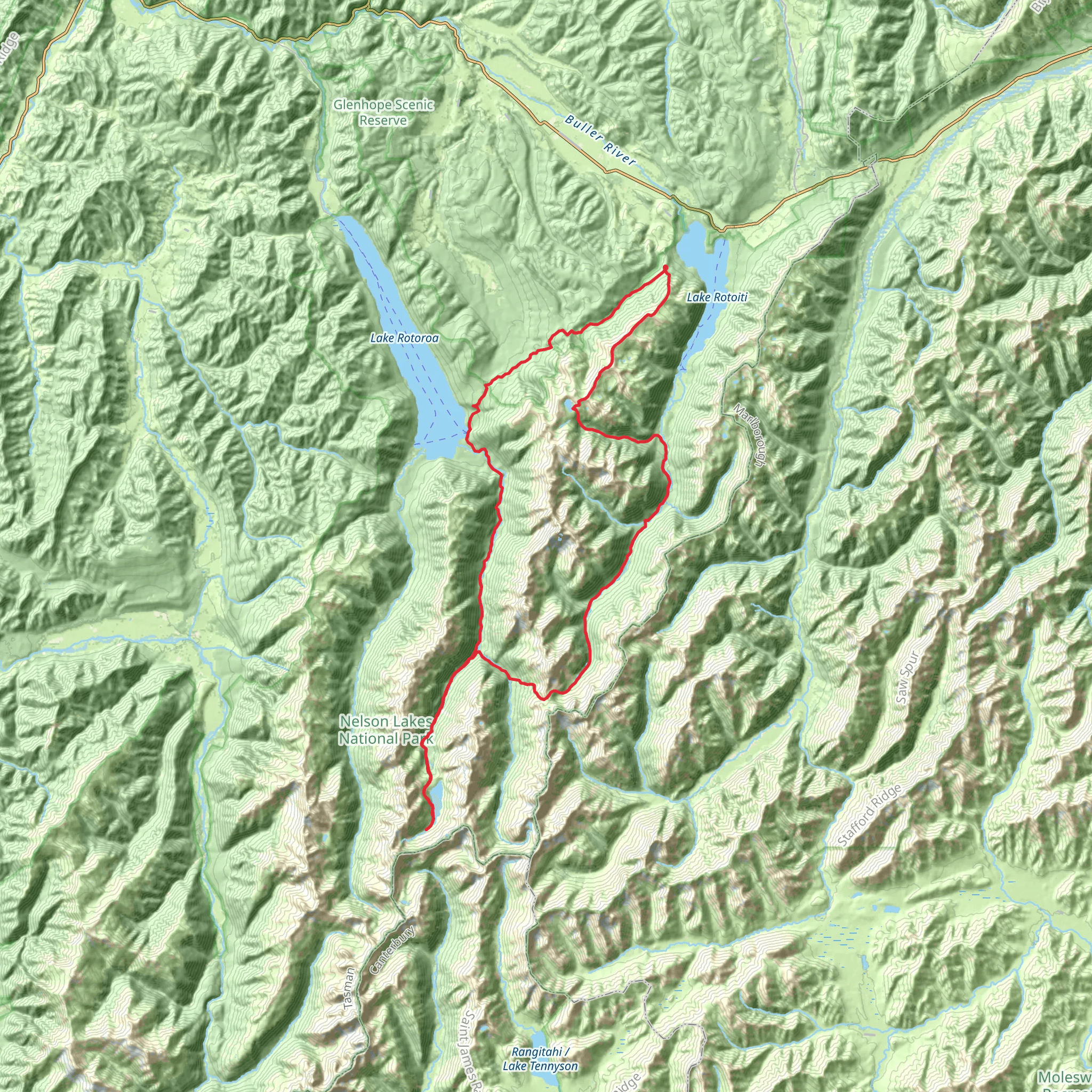 Nelson Lakes - Robert Ridge - Travers Sabine Circuit - Blue lakes - WAIAU Pass mobile static map