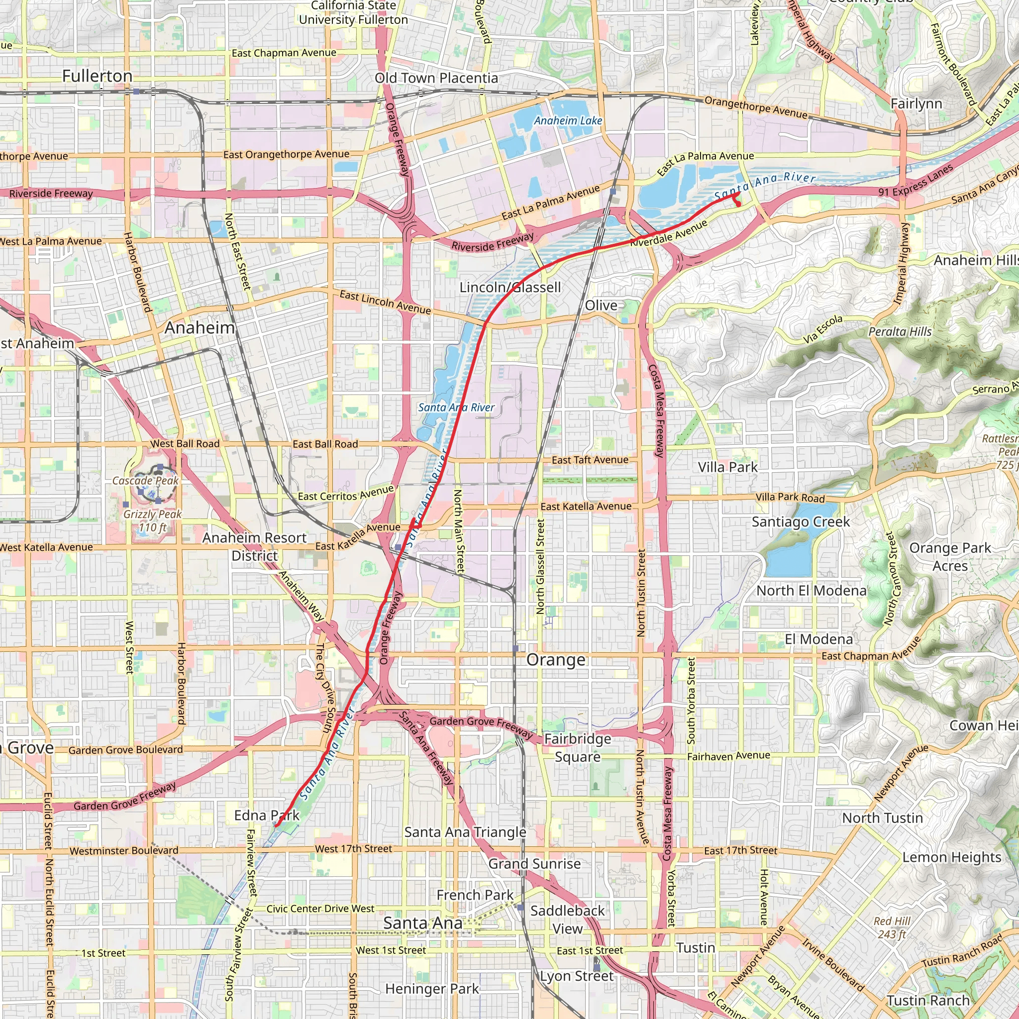Santa Ana river Trail to Edna Park from Riverdale Park mobile static map
