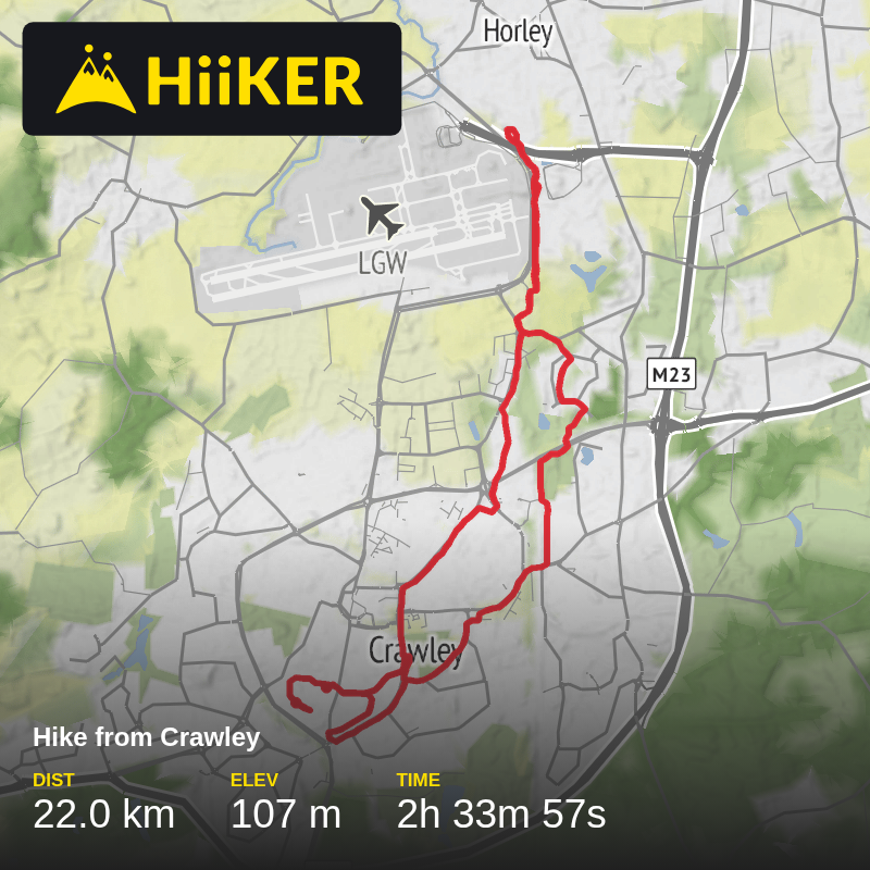 A map preview of the recording Hike from Crawley.
