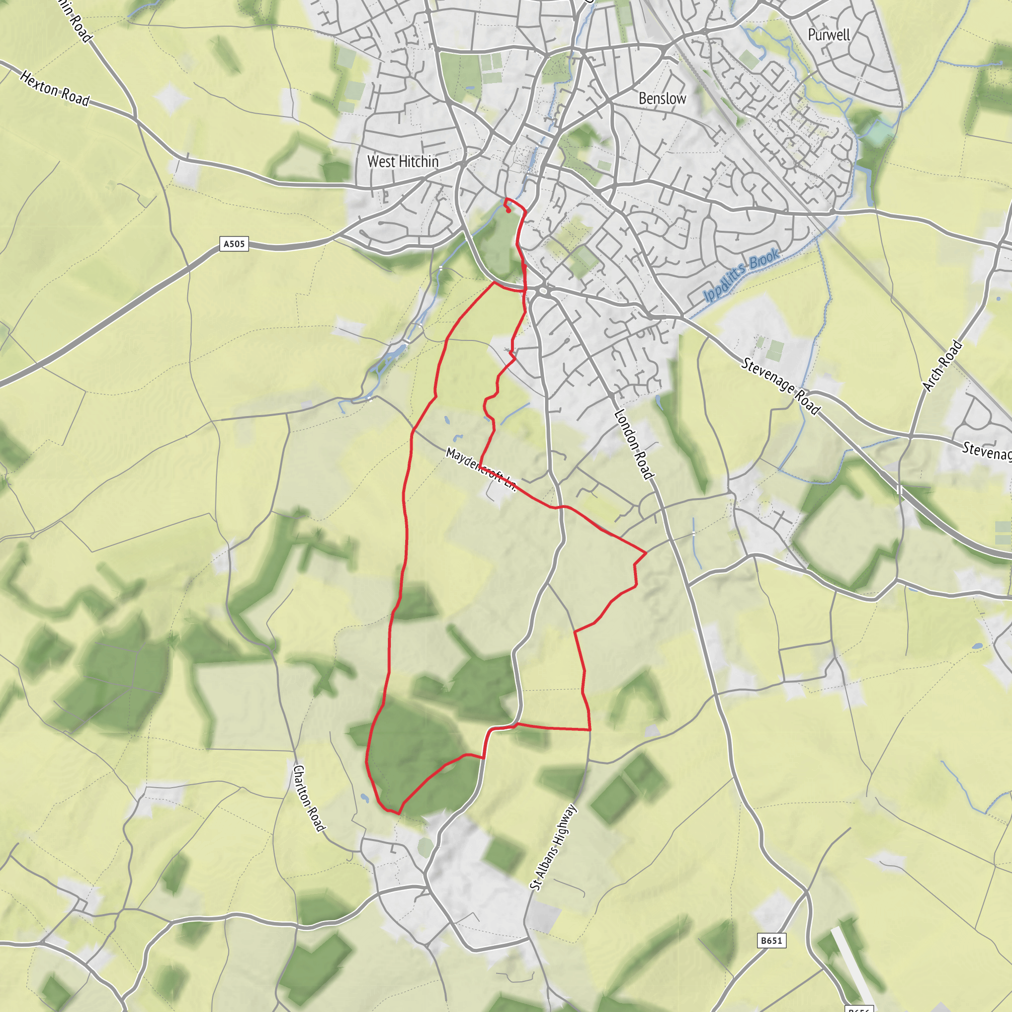Wain Wood from Hitchin Priory via Charlton mobile static map