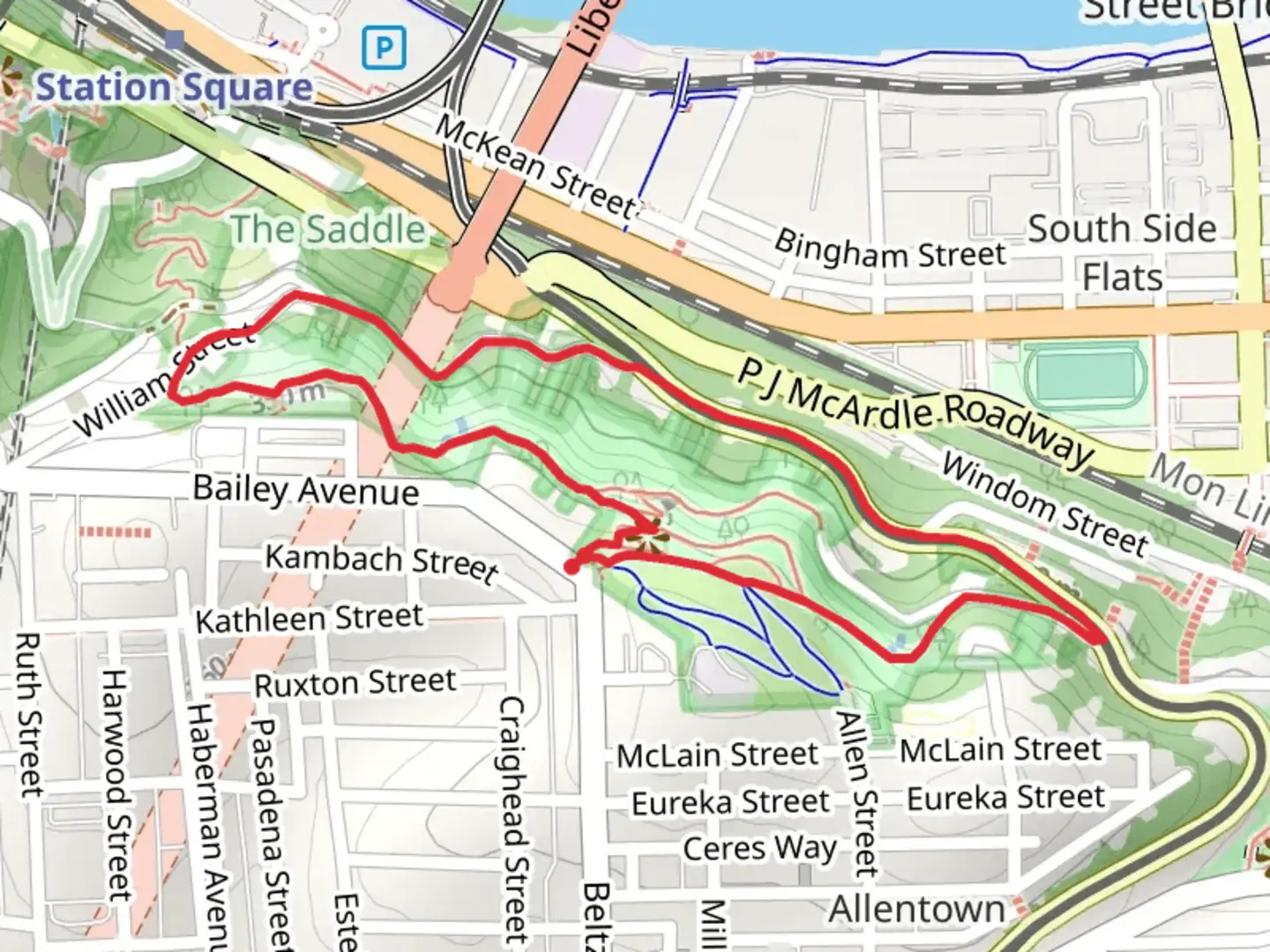 An image depicting the trail Grandview Park Path Loop from Bailey Avenue and its surrounding area.