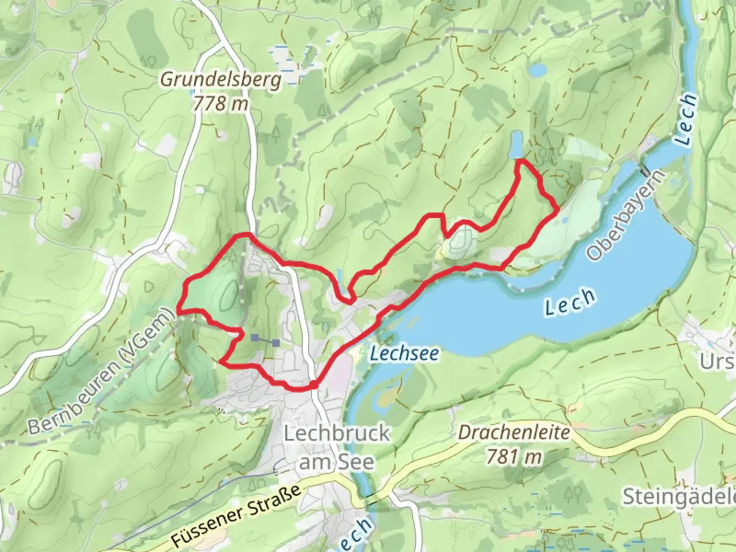 An image depicting the trail Lechsee and Aussichtsfloß Loop via Lechwiesenstrasse and its surrounding area.