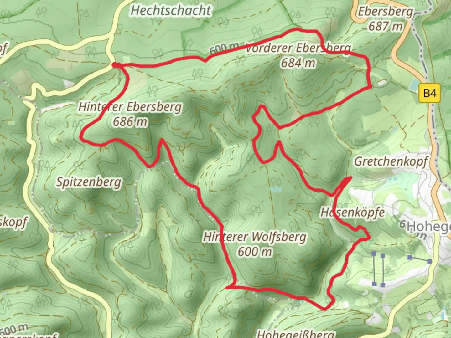 An image depicting the trail Bechlerstein, Hahnstein and Dicke Tannen Loop via Ebersbergstraße and its surrounding area.