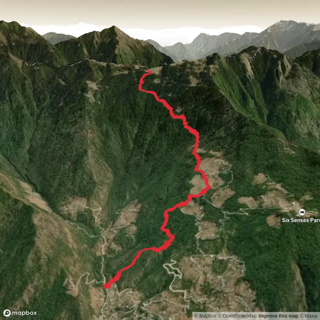 An image depicting the trail Paro Shari-Jela Dzong and its surrounding area.