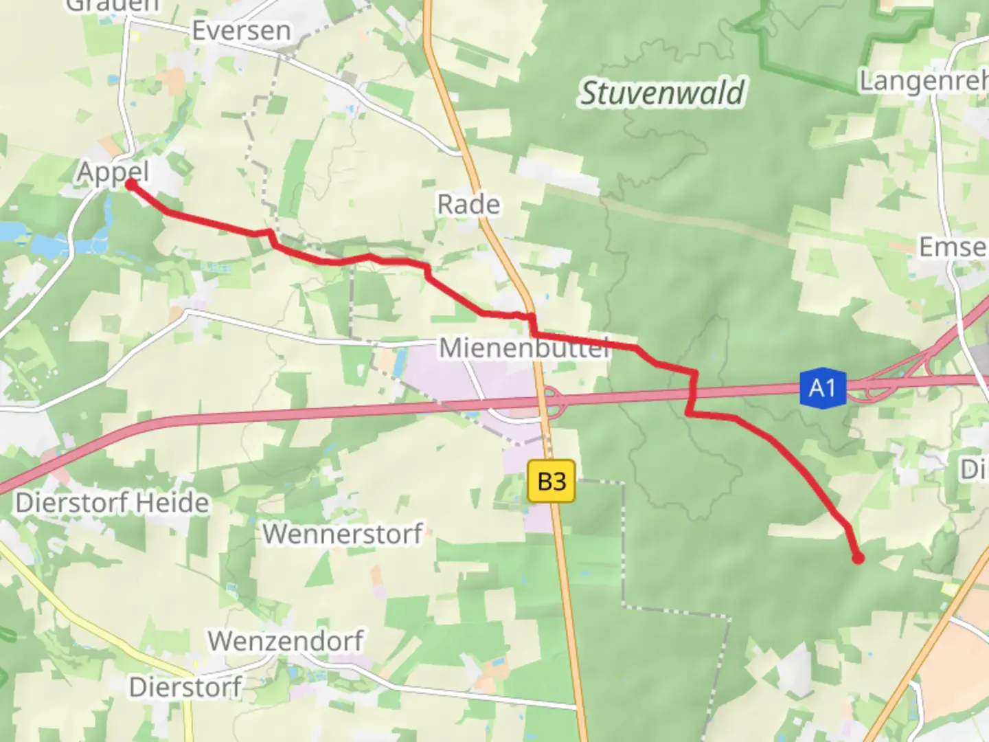 An image depicting the trail Wander Verbindung Buchholz Appel and its surrounding area.
