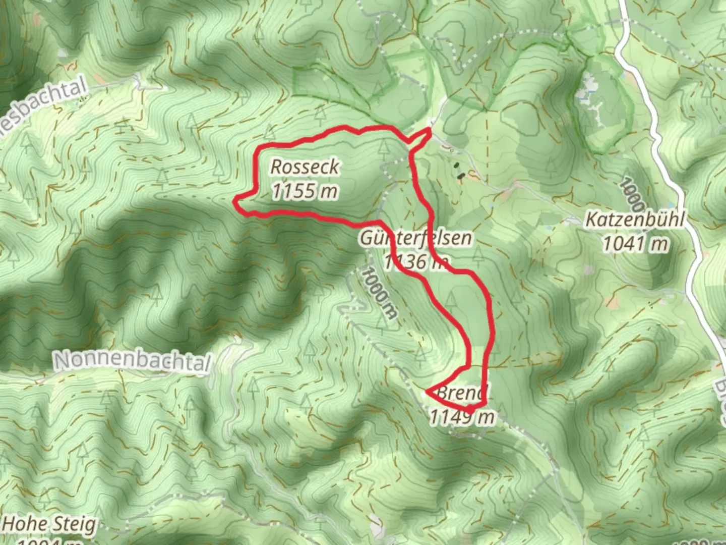 An image depicting the trail Brendturm, Günterfelsen and Roßeck Loop via Wasserweltensteig and its surrounding area.