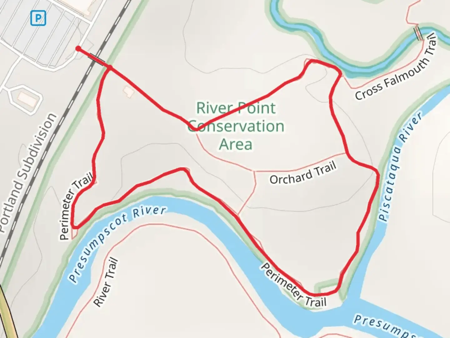 An image depicting the trail Cross Falmouth and Piscataqua River Loop Trail and its surrounding area.