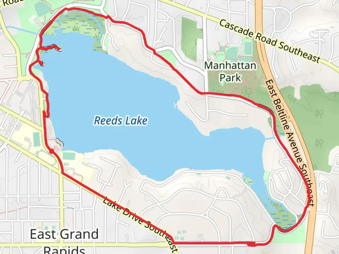 An image depicting the trail Reeds Lake and Griffins Park Loop and its surrounding area.