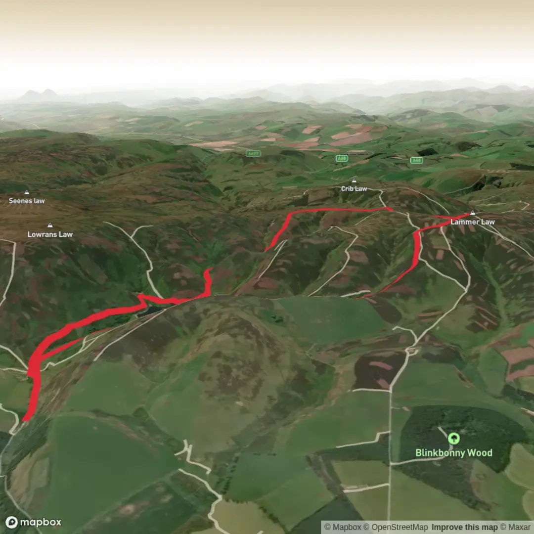 An image depicting the trail Hopes Reservoir, Rogers Cleugh and Lammer Law Loop and its surrounding area.