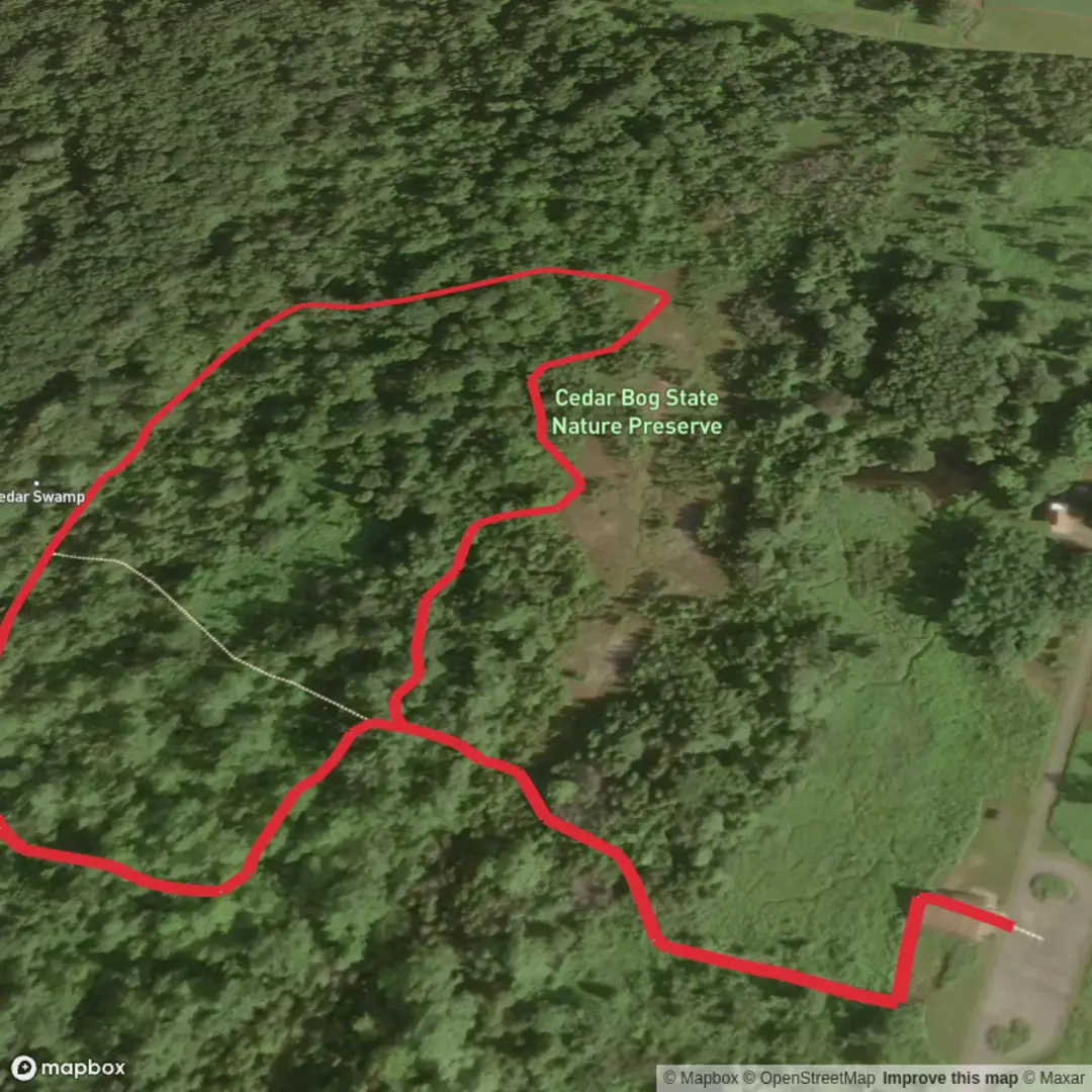 An image depicting the trail Cedar Bog Nature Preserve Loop and its surrounding area.