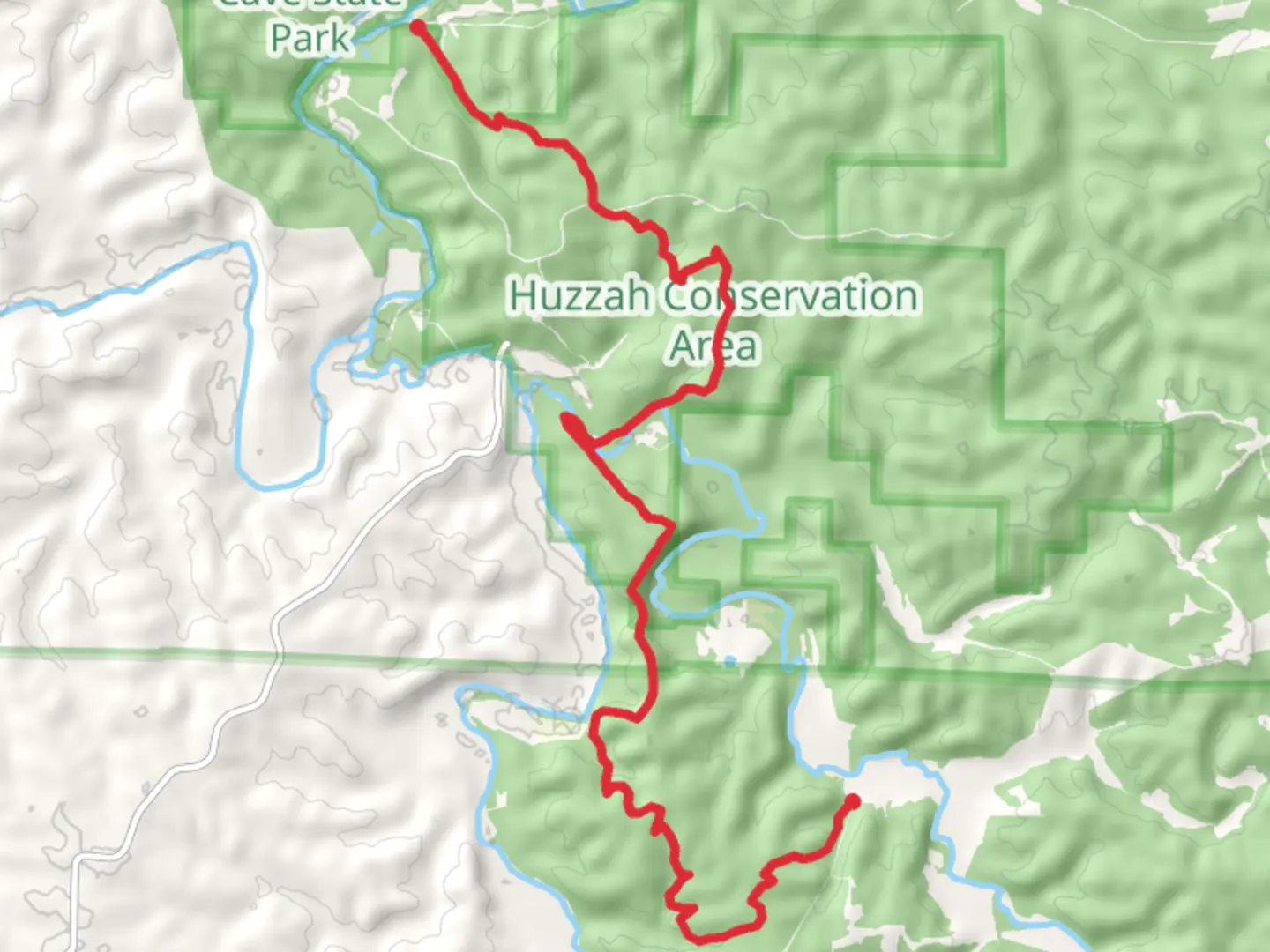 An image depicting the trail Courtois Creek via Ozark Trail and its surrounding area.