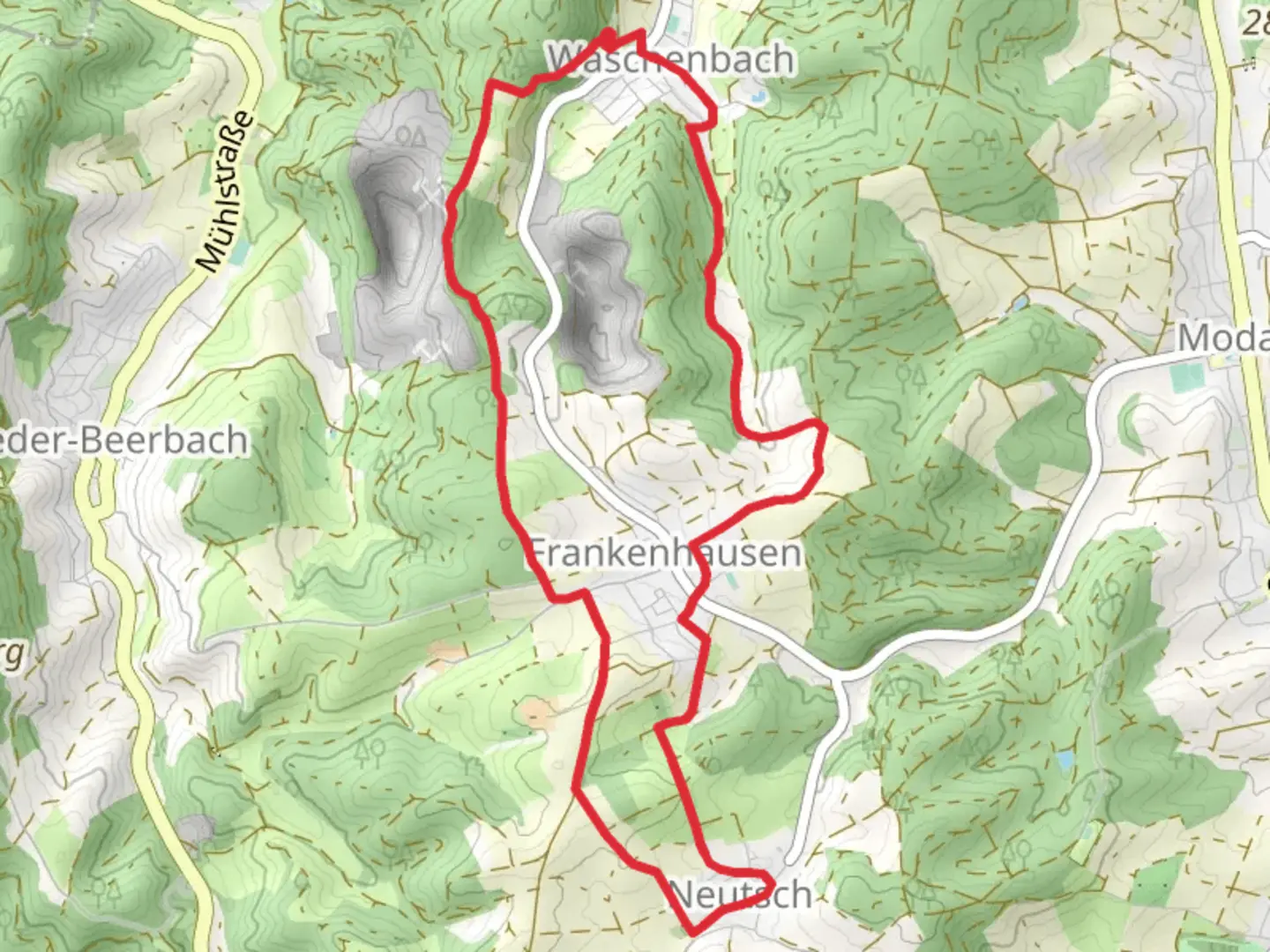 An image depicting the trail Verbindungsweg and Ortsrundwanderweg Waschenbach and its surrounding area.