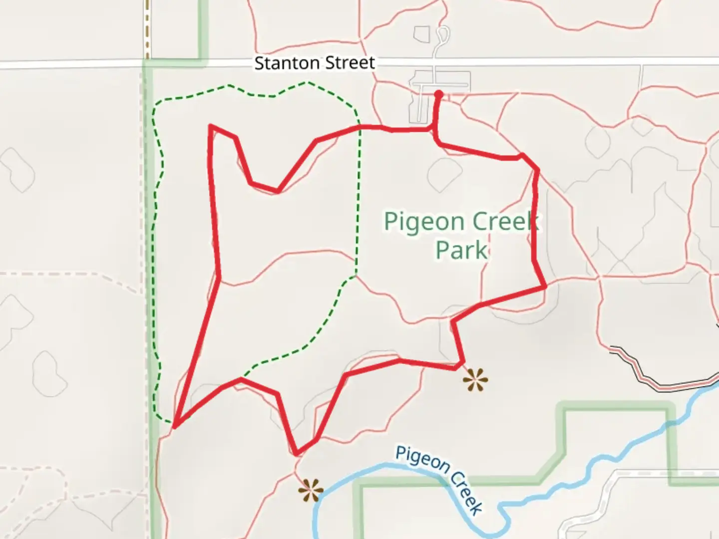 An image depicting the trail Pigeon Creek Park Loop and its surrounding area.