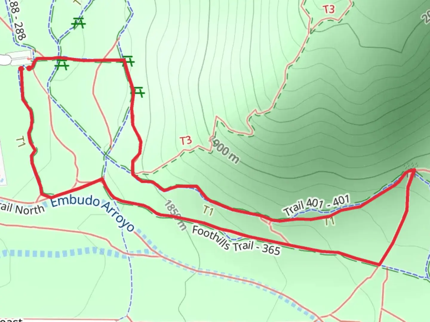 An image depicting the trail Foothills Trail and Trail 401 Loop and its surrounding area.