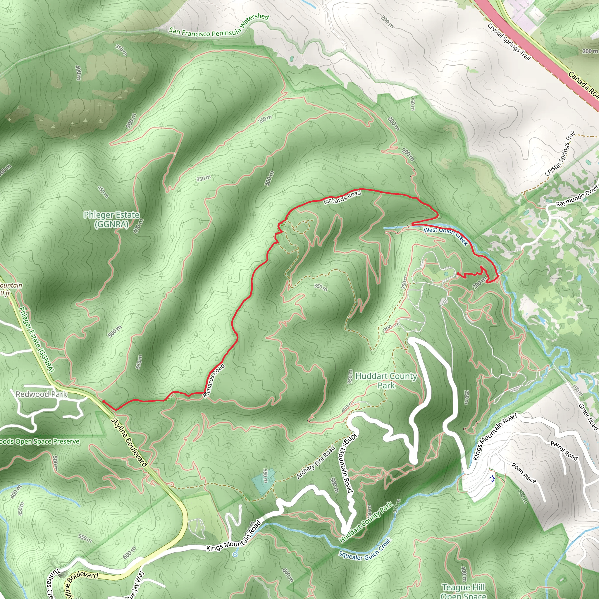 Crystal Springs Trail and Richards Road Trail mobile static map